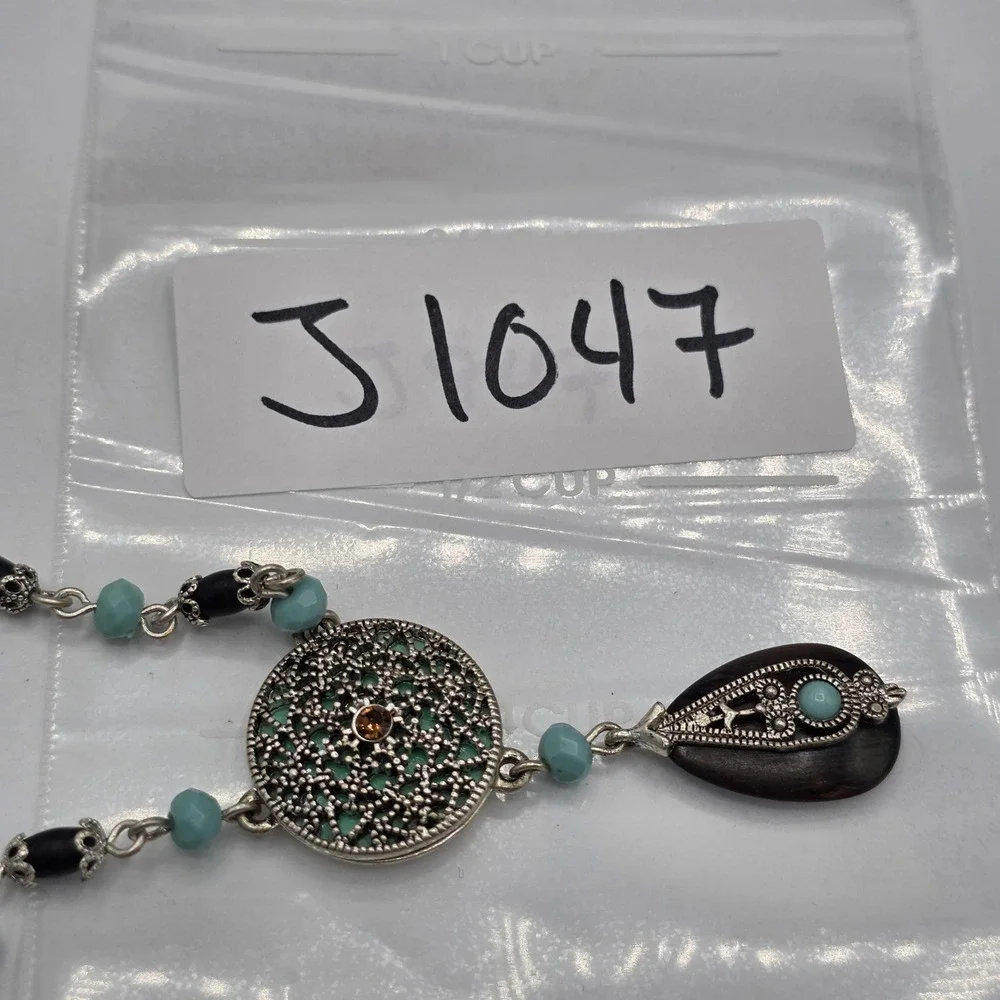 Vintage Napier Bohemian Filigree Mandala Turquoise Beaded Teardrop Necklace 18in
